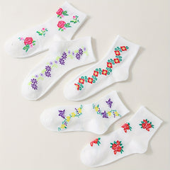 5 Pairs Floral Print Socks Mid Tube Women's Stockings