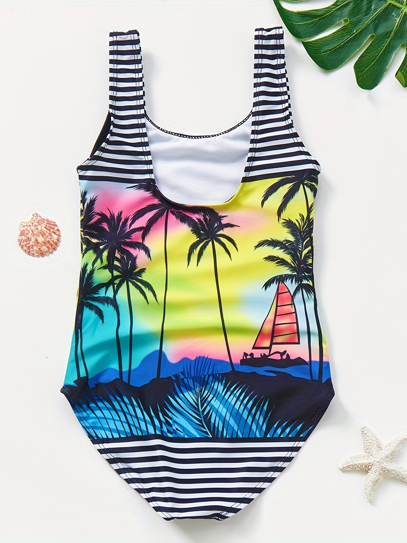 Girls Swimsuit One Piece Tankini Coconut Tree Landscape Print Quick Dry