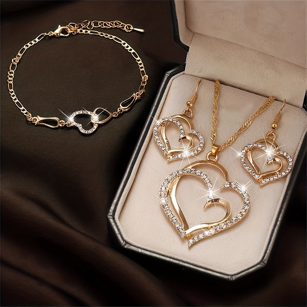 Double Heart Necklace Earrings Bracelet Set Romantic