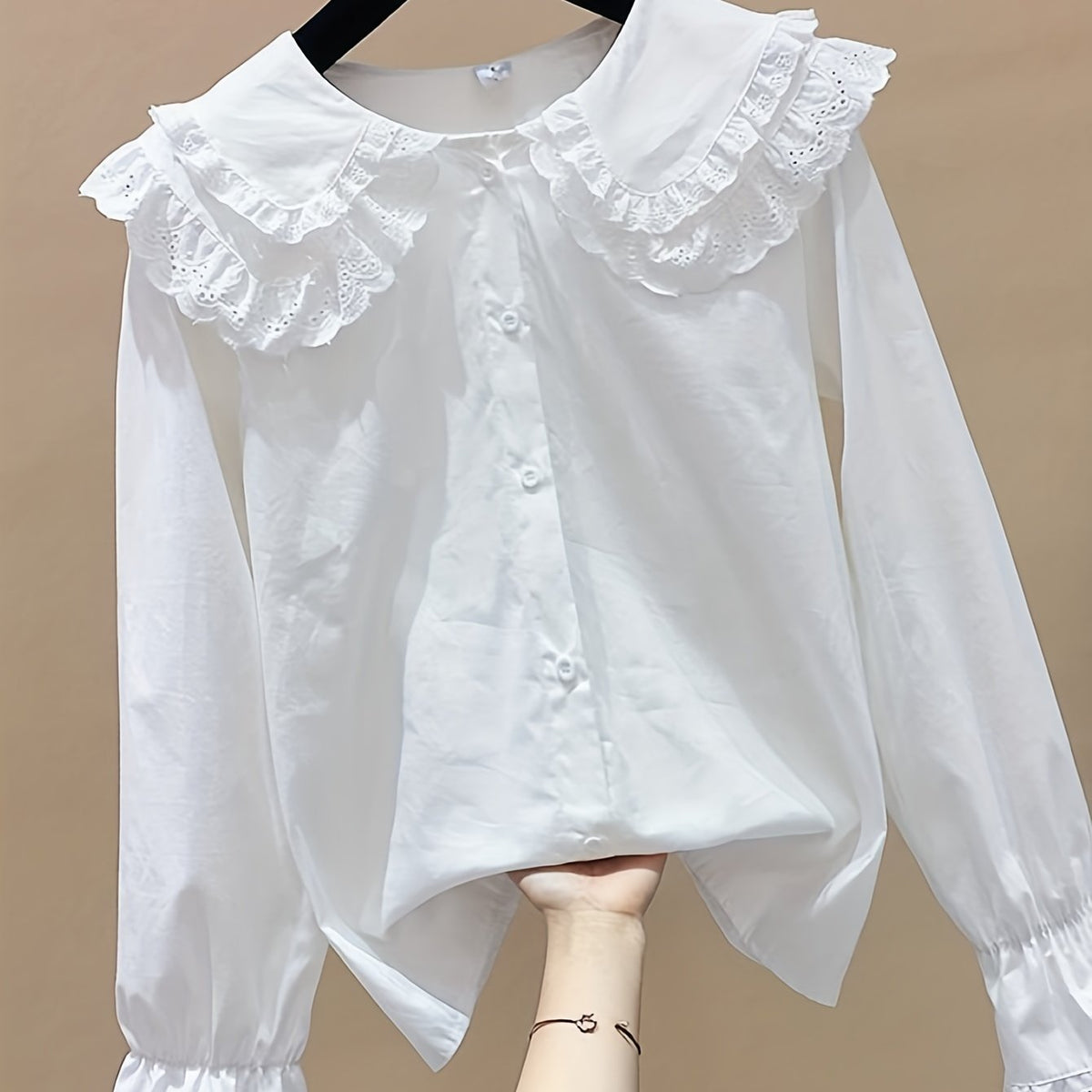 Girls Sweet Shirt Lace Fringe Collar Button Down Preppy Blouse Top