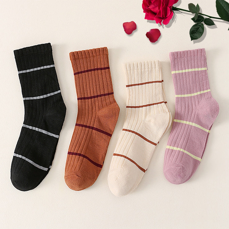 Set of 4 Comfy Retro Striped Crew Socks Women's Stockings