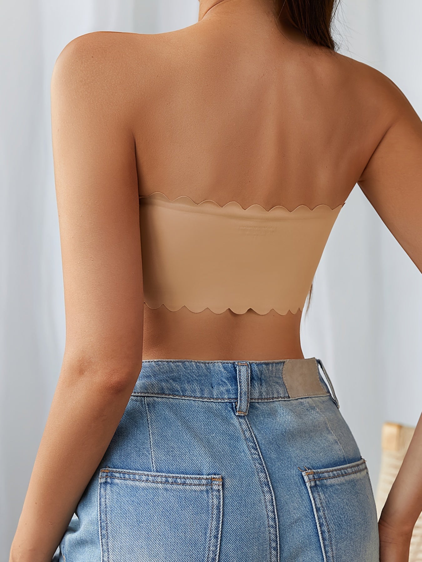 Scallop Trim Bandeau Bra Seamless Comfortable Strapless Stretch Bra