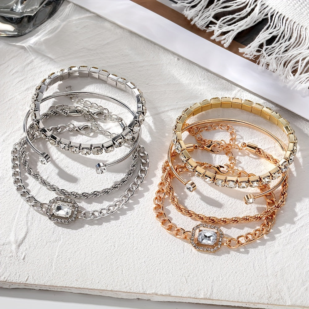 4pcs Chain Square Rhinestone Bracelet Set for Women Girls