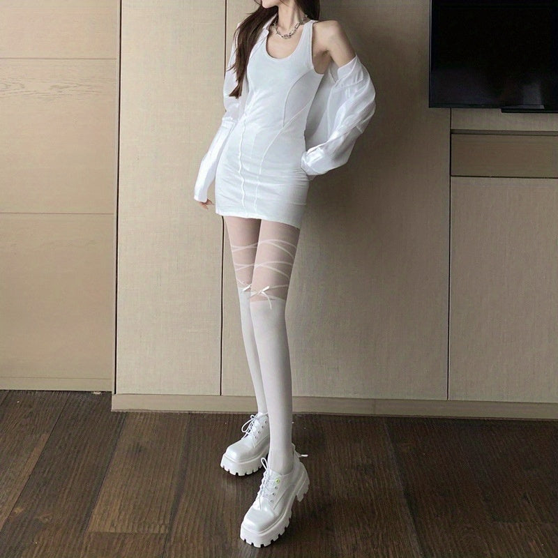 Lolita Cross Pattern Pantyhose High Waist Semi Sheer Bow Decor Pantyhose