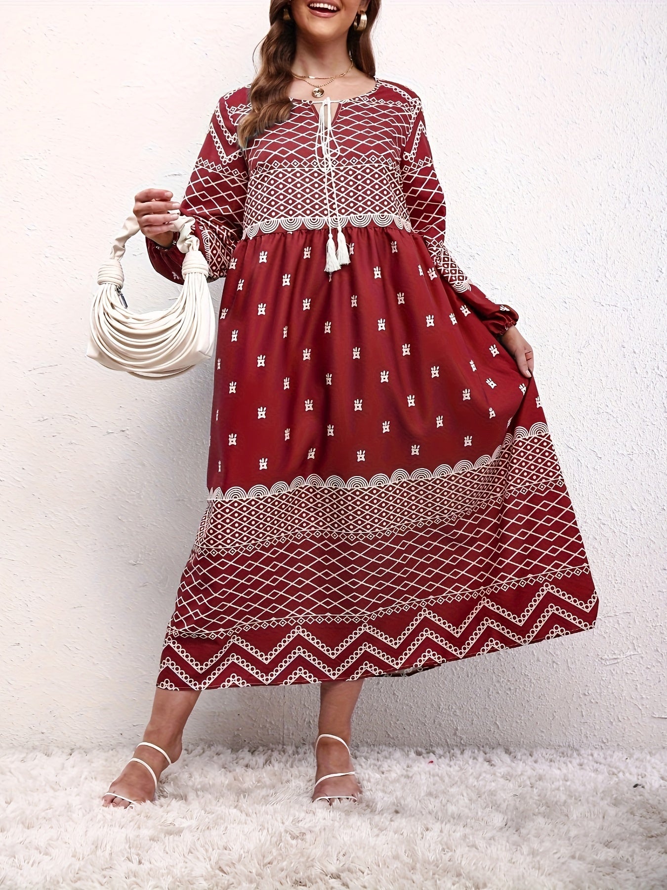  Boho Dress Women's Lantern Sleeve Keyhole Tie Dress