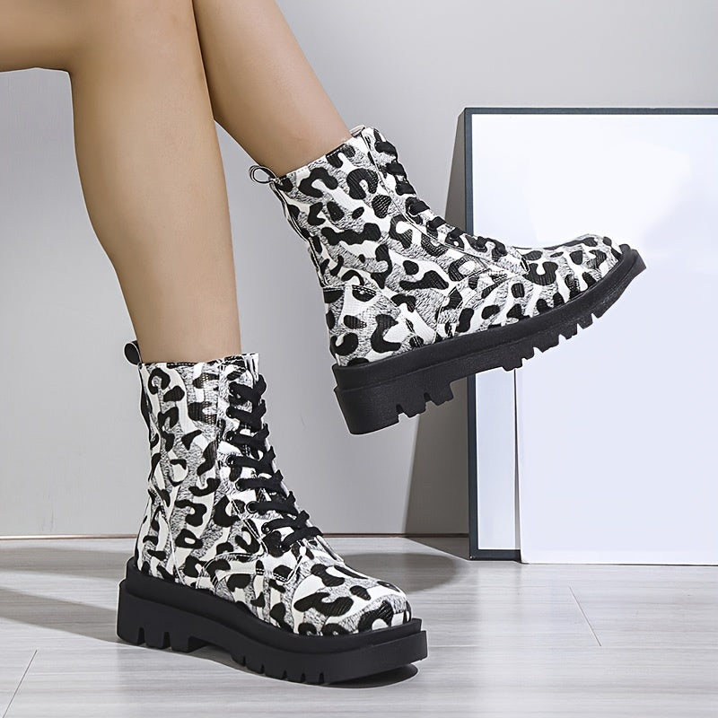Leopard Print Combat Boots Lace Up Platform Ankle Boots