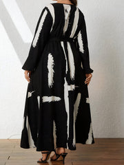  Brush Print Lantern Sleeve Maxi Dress With Belt