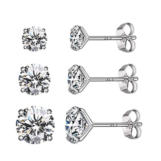 3pcs 925 Silver Stud Earrings Set For Women 4mm 5mm 6mm Gift