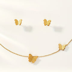 3pcs Golden Butterfly Necklace And Earrings Set Retro Jewelry For Women