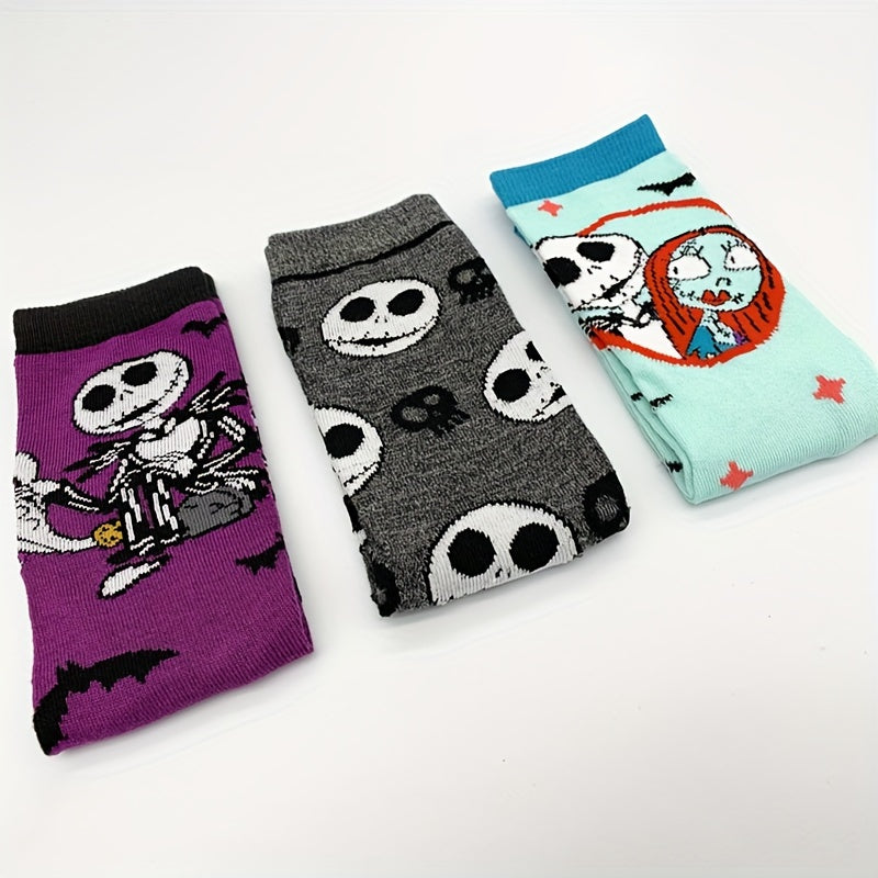Skull Print Socks Comfy Funny Halloween Crew Socks Women's