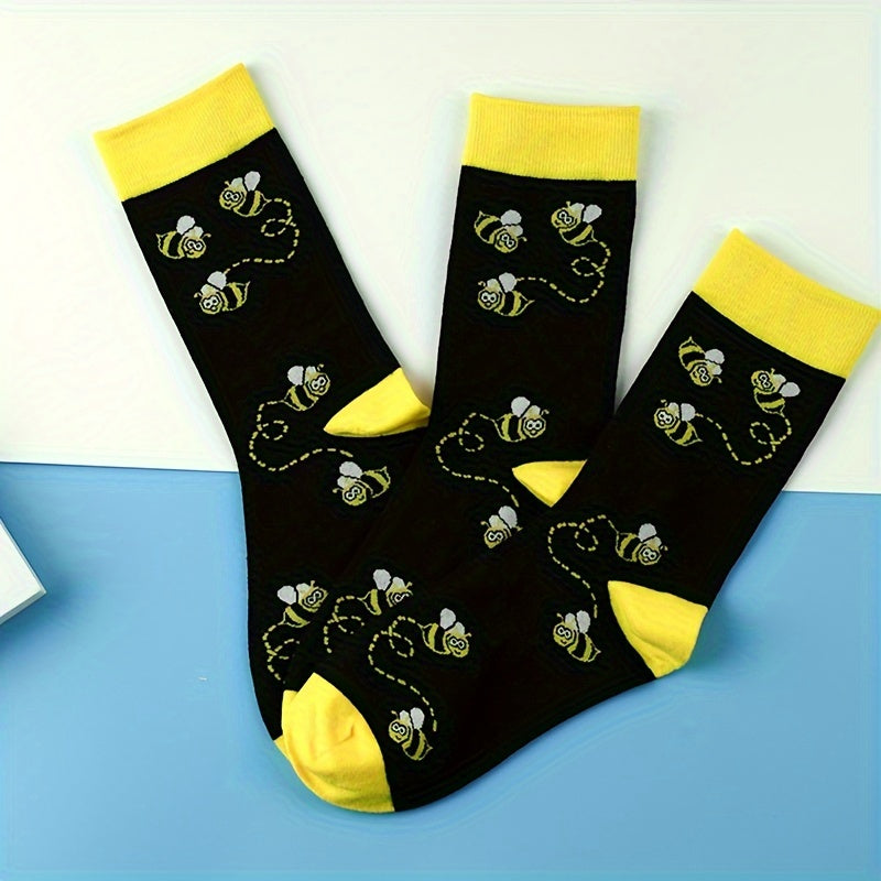 2 Pairs Cartoon Bees Print Socks Comfy Mid Tube Socks Women Stockings