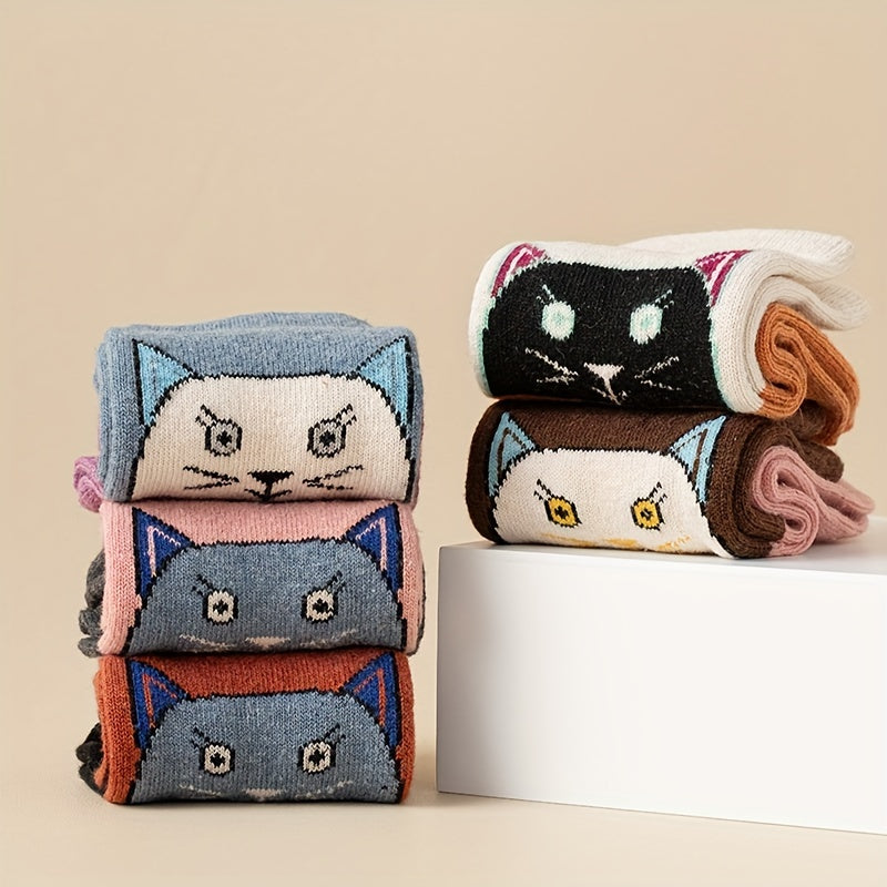 Cartoon Cat Print Socks Colorblock Women's Stockings