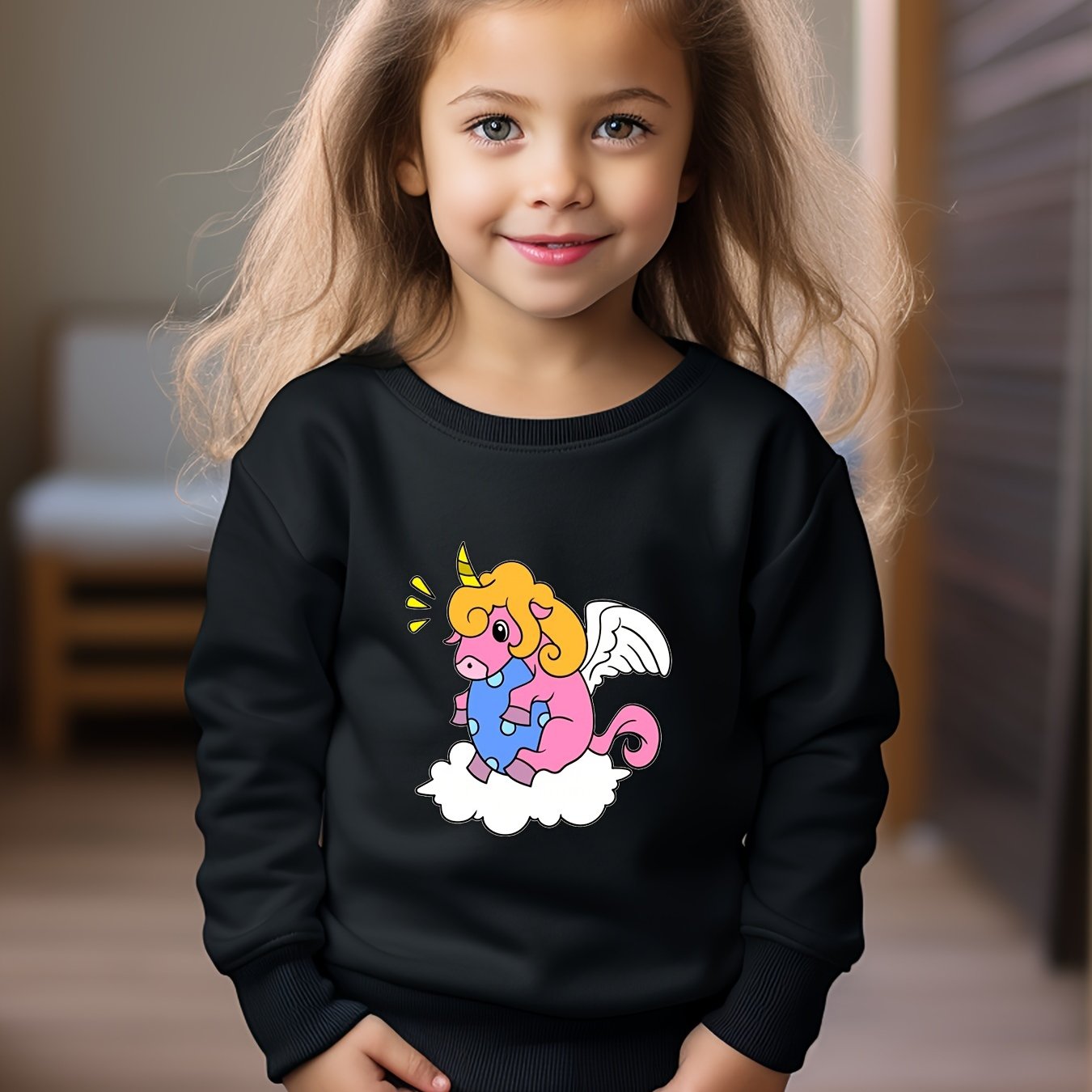 Cartoon Unicorn Print Girls Sweatshirt Long Sleeve Crew Neck Tops