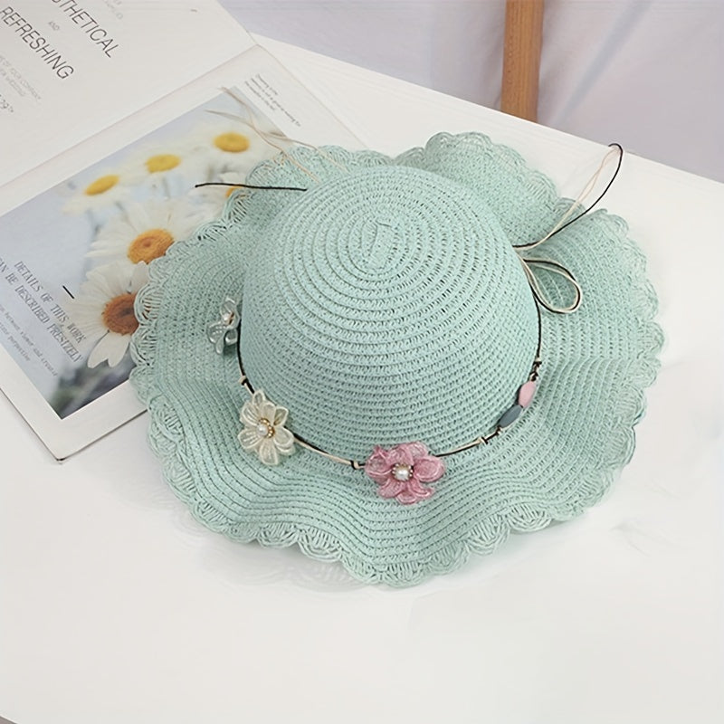 Girls' Straw Hat With Flower Decor for Summer Beach & Outdoors