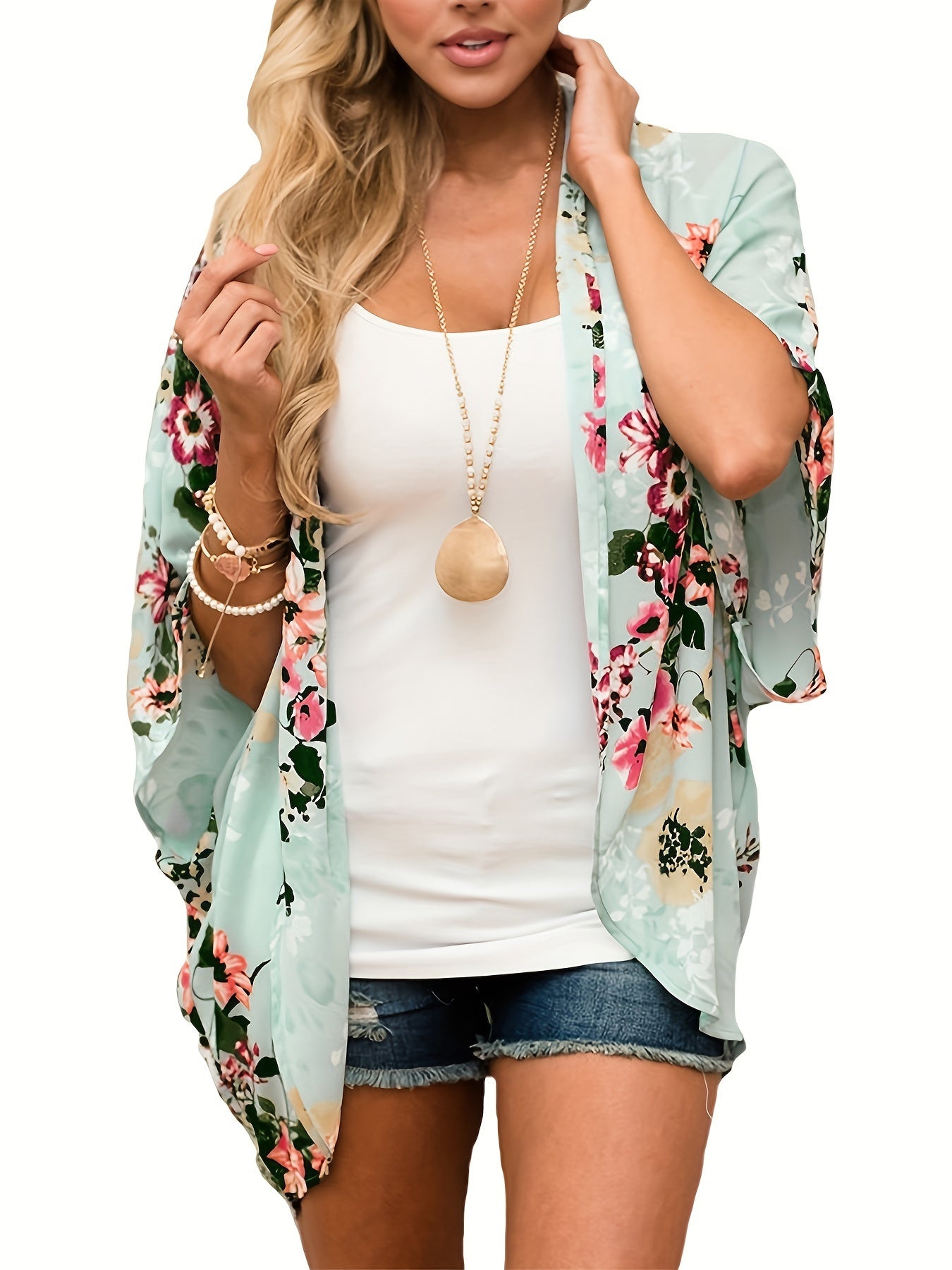  Floral Print Bat Sleeve Cover Up