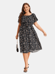  Ditsy Print Off Shoulder Ruffle Trim Dress
