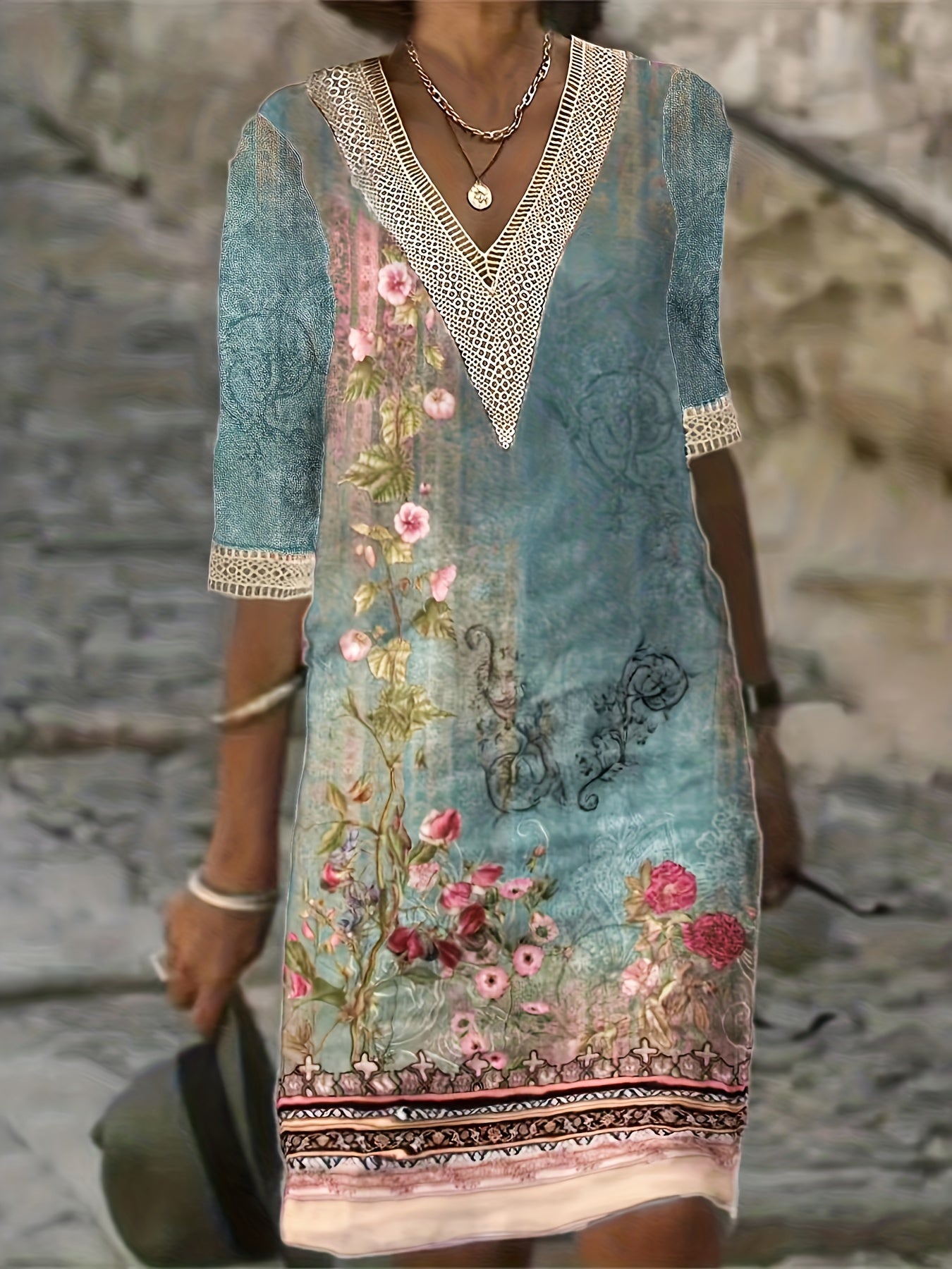  Women's Floral Lace Sleeve V Neck Dress