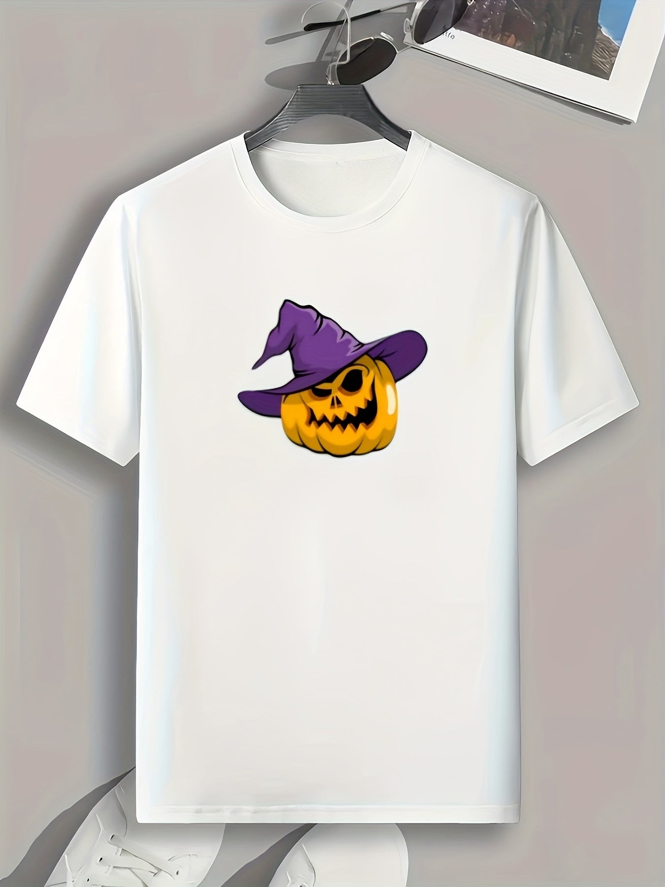 Halloween Pumpkin & Witch Hat Graphic Tee Men's Casual Comfy T-shirt