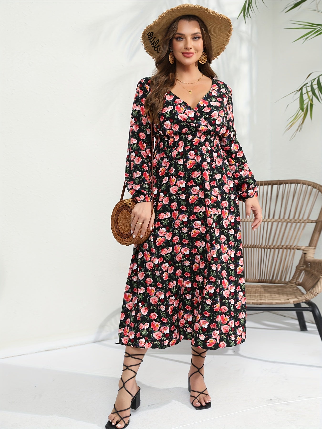  Rose Print Long Sleeve Maxi Dress