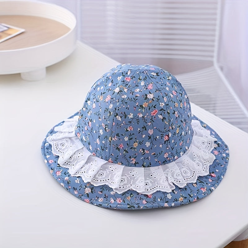 Kids Floral Lace Trim Bucket Hat With Windproof Rope