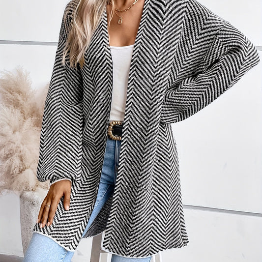  Women's Herringbone Print Open Front Cardigan