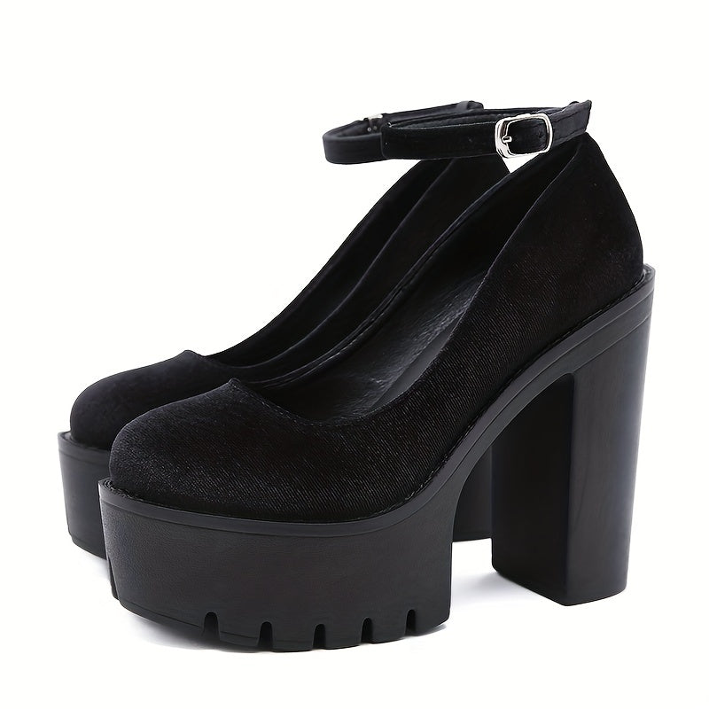Block Heeled Platform Shoes Ankle Strap Solid Pumps