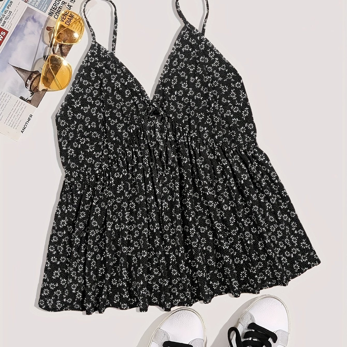  Ditsy Floral Print V Neck Peplum Cami Top