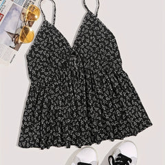  Ditsy Floral Print V Neck Peplum Cami Top