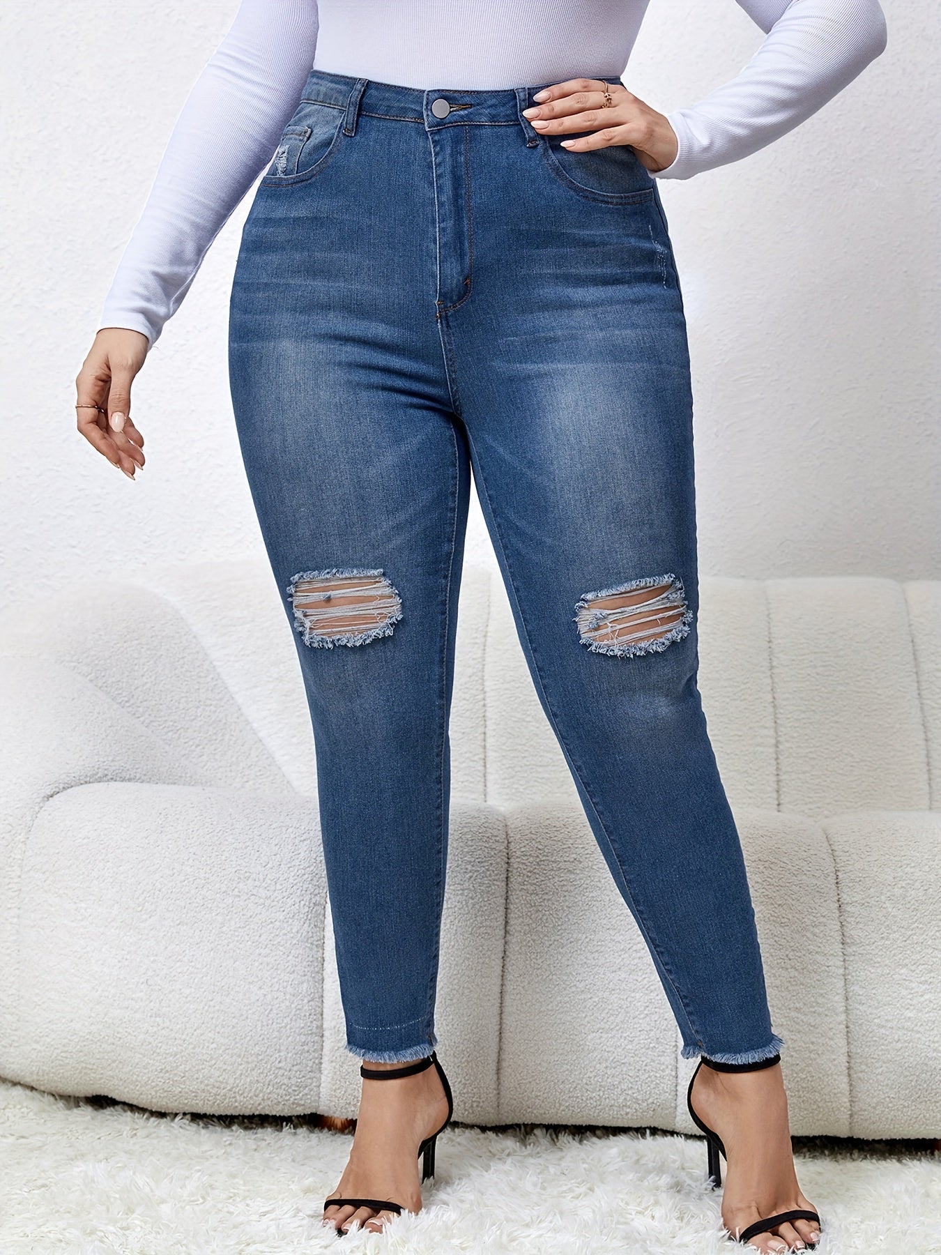  Casual Jeans Women's Plus Washed Ripped Button Fly High Stretch Jeans