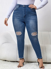  Casual Jeans Women's Plus Washed Ripped Button Fly High Stretch Jeans