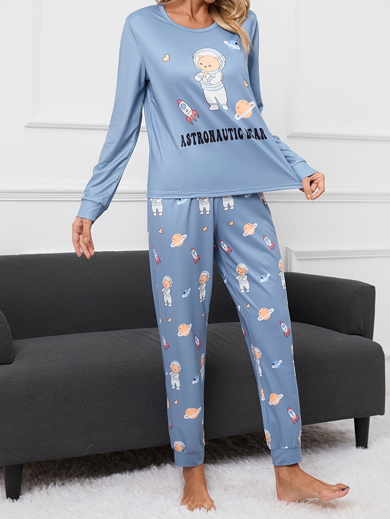 Bear Print Pajama Set Long Sleeve Top & Pants Women's Sleepwear