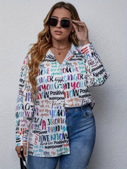 Letter Print Button Up Long Sleeve Blouse