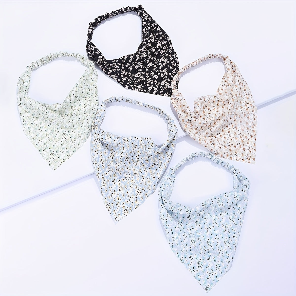 5pcs Floral Print Triangle Scarf Headband Elastic Turban Boho Bandana
