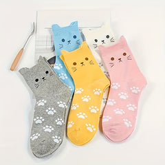 Men's Cartoon Cat Crew Socks 5 Pairs Cotton Blend Casual Unisex Socks
