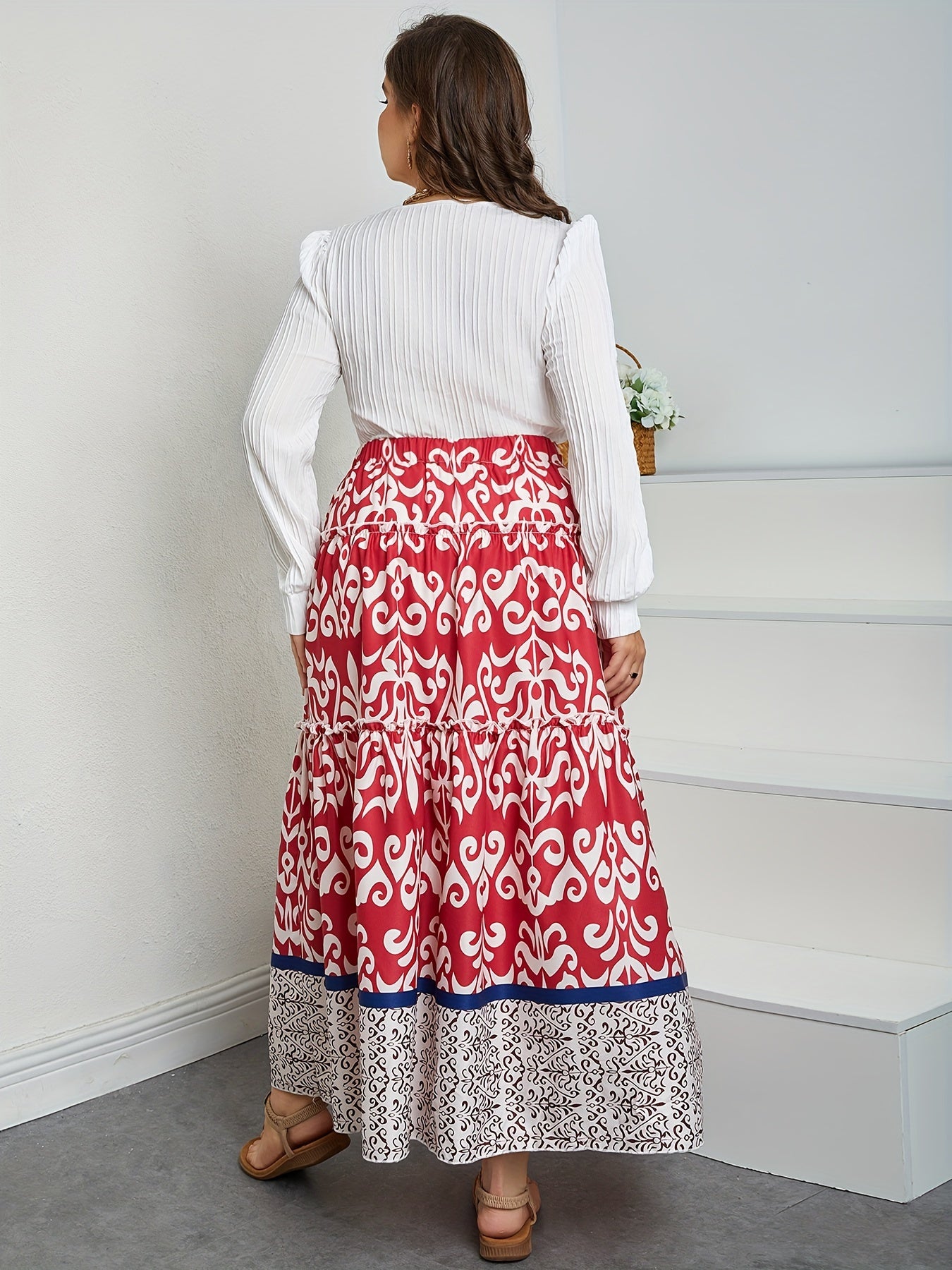  Tribal Print Ruffle Trim Smock Maxi Skirt