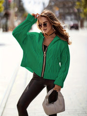  Solid Cable Zip Up Hooded Cardigan