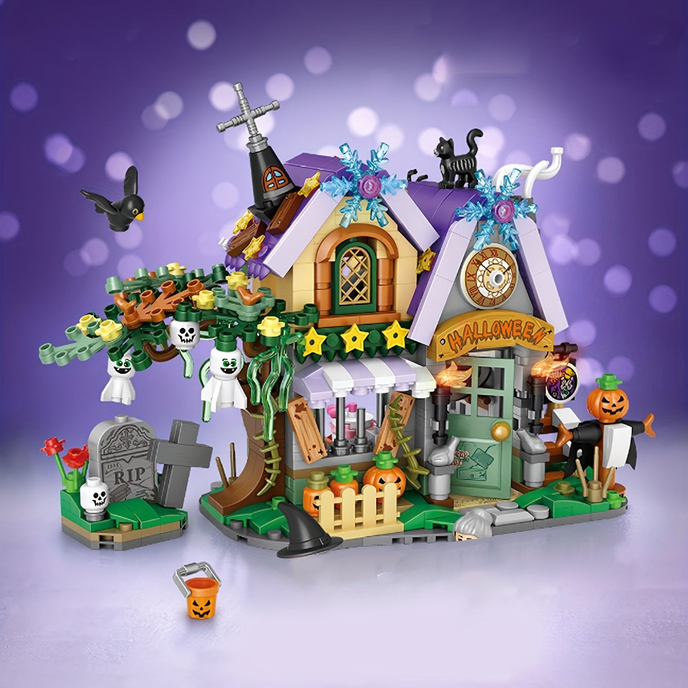 Halloween Magic House Pumpkin Straw Man Cat Mini Building Blocks
