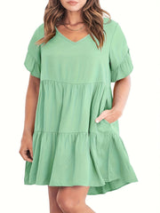 V Neck Ruffle Trim Mini Smock Dress With Pockets