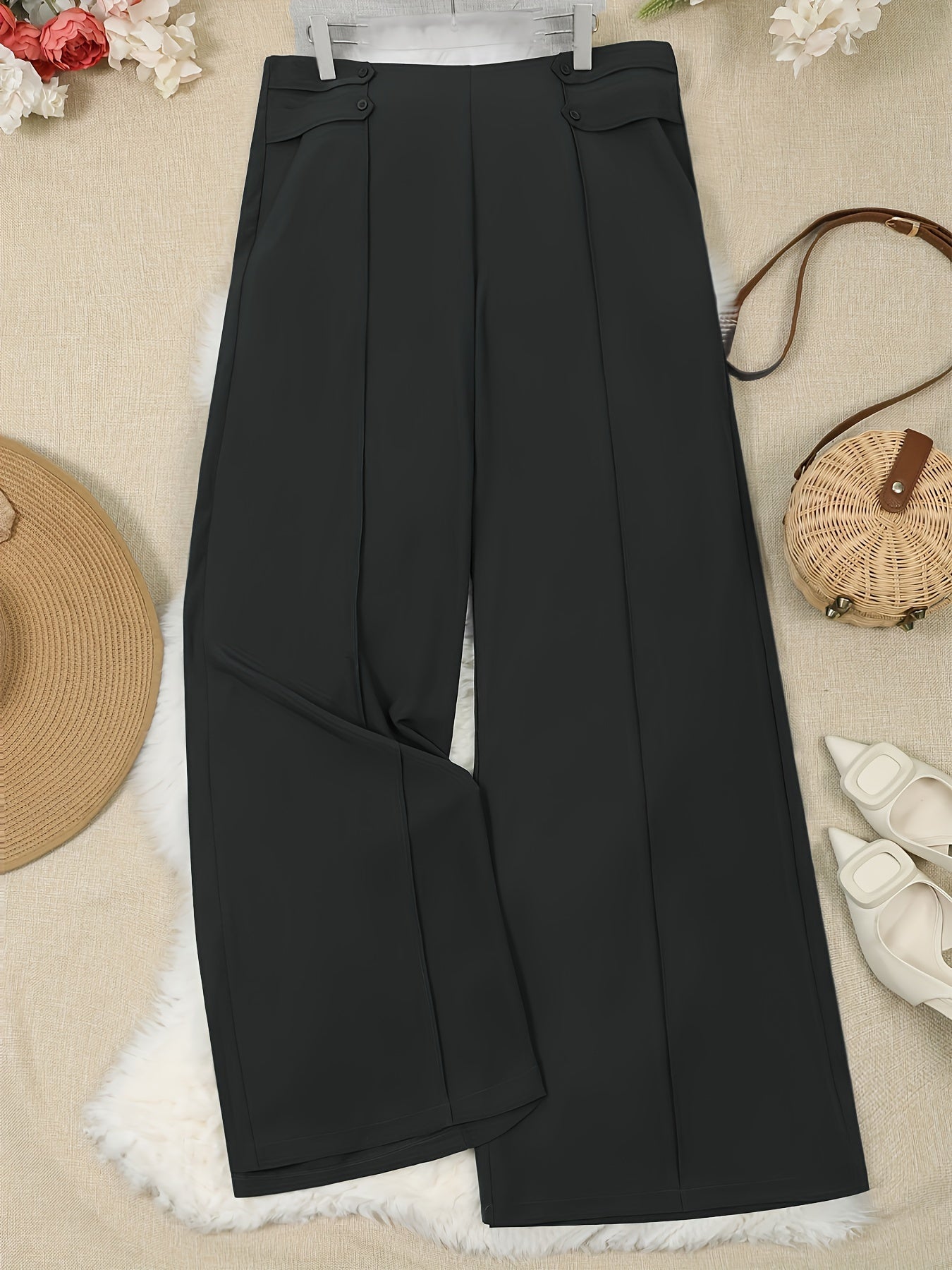  Women's Wide Leg Trousers Button Detail High Rise Solid Stitching