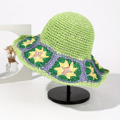 Boho Crochet Bucket Hat With Brim Hollow Out Straw Sun Hat