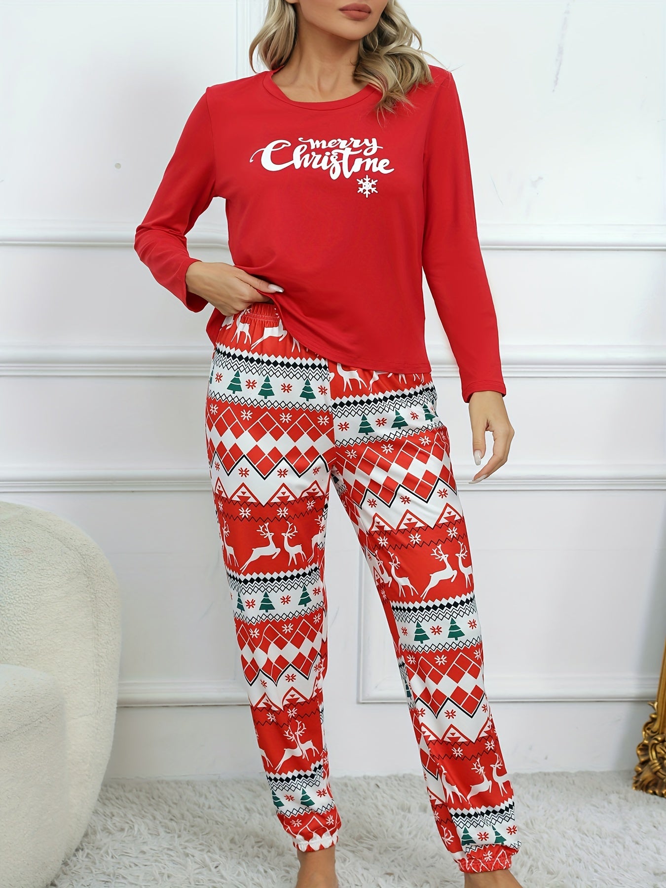  Snowflake & Deer Print Pajama Set Long Sleeve Crew Neck Top & Joggers