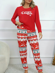  Snowflake & Deer Print Pajama Set Long Sleeve Crew Neck Top & Joggers