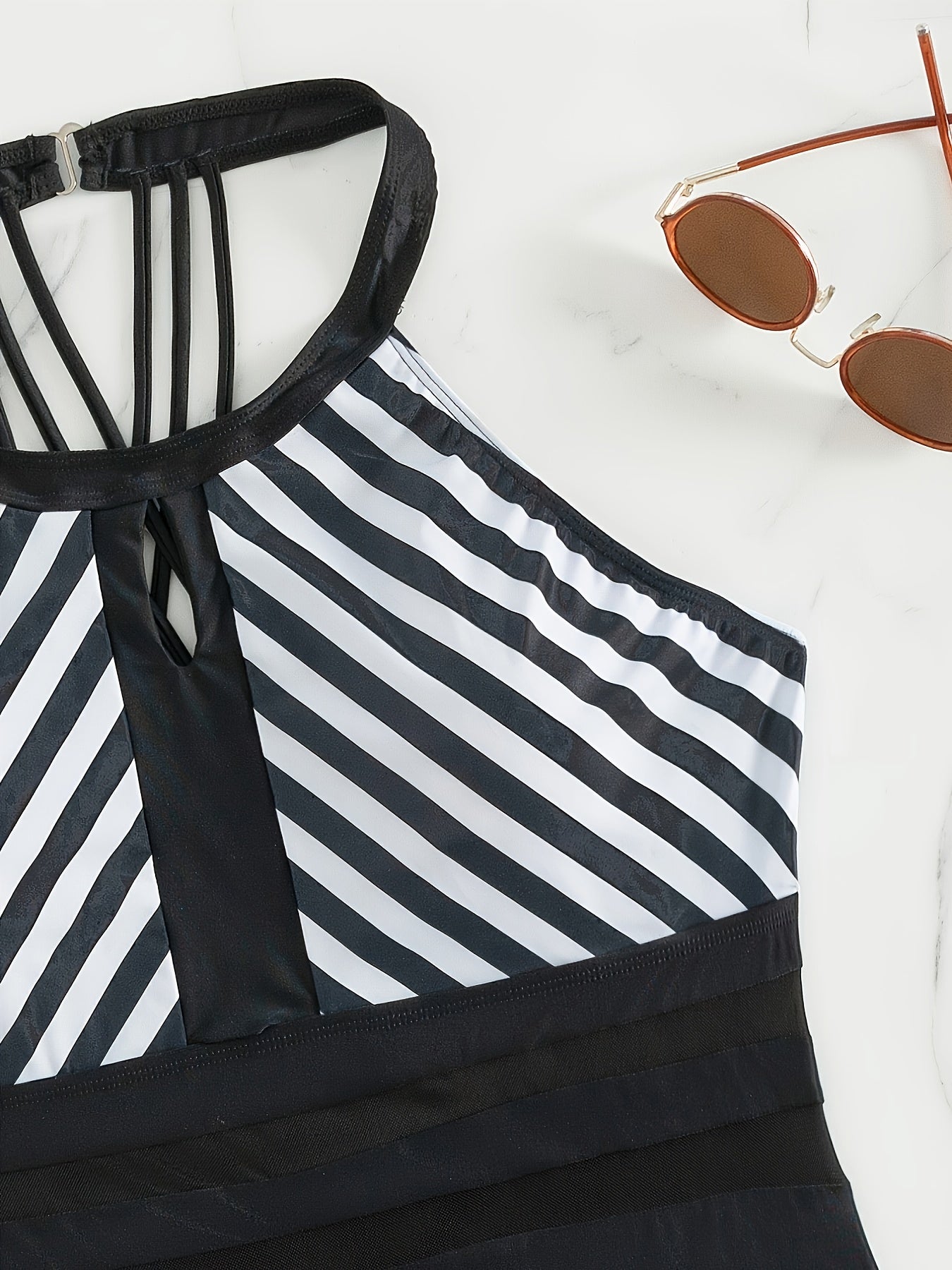  Modest Swimsuit Coloblock Stripe Print One Piece Bathing Suit