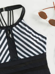  Modest Swimsuit Coloblock Stripe Print One Piece Bathing Suit