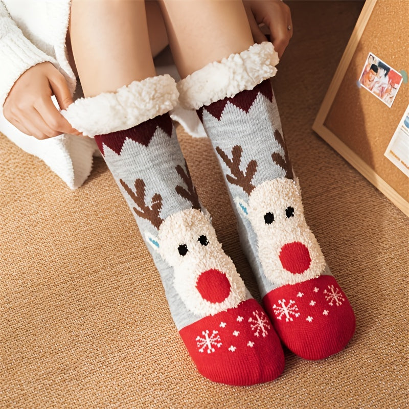 Christmas Elk Pattern Socks Warm Plush Lined Home Socks Women's Stockings