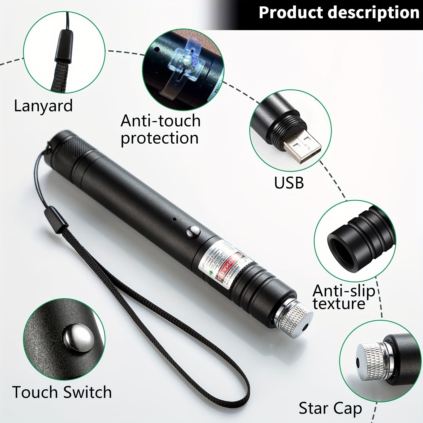 Green Beam Flashlight Laser Pointer USB Rechargeable Cat Toy Star Cap