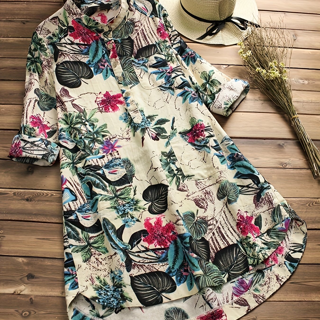  Tropical Print Long Sleeve Button Up Tunic Shirt Top