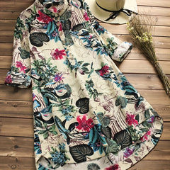  Tropical Print Long Sleeve Button Up Tunic Shirt Top
