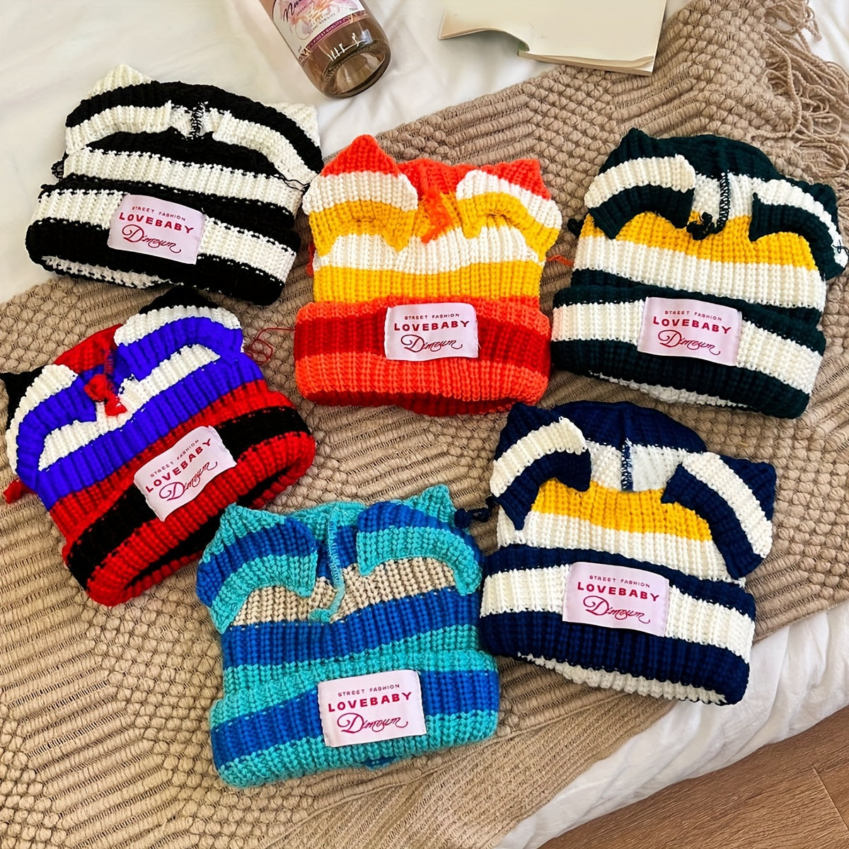 Y2K Block Knitted Beanie Pig Ears Warm Skull Cap Unisex Hip Hop
