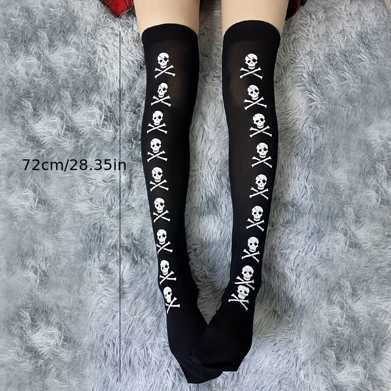 Skull Print Thigh High Socks Halloween Over The Knee Stockings